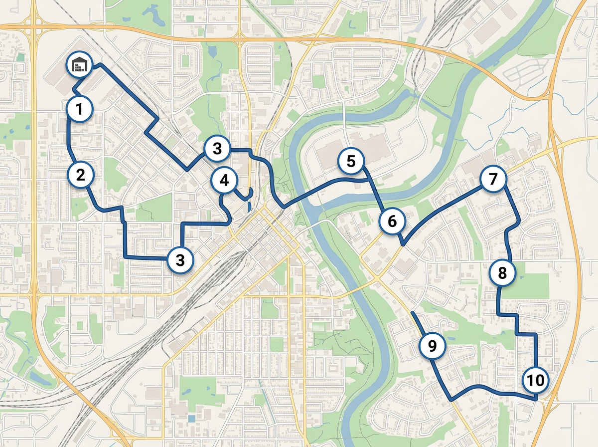 An optimized delivery route map with numbered stops and a connecting drive line across a regional area