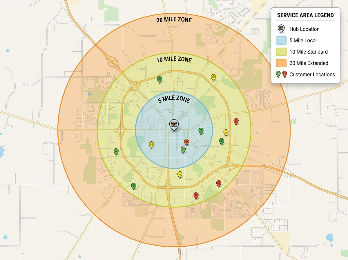 A regional service area map with concentric mileage zones and a customer-facing label legend