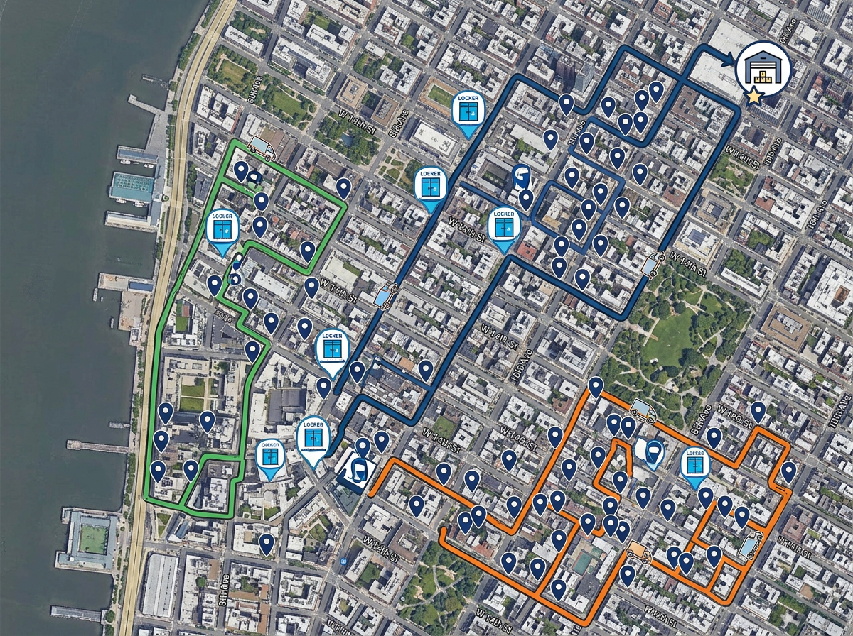 A last-mile delivery map with pickup lockers, customer drop-offs, and connecting route lines