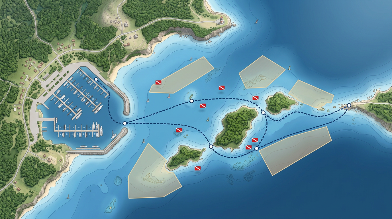 A coastal marine map with marina mooring slots numbered, dive site markers, fishing zone polygons, and a charter route line connecting waypoints