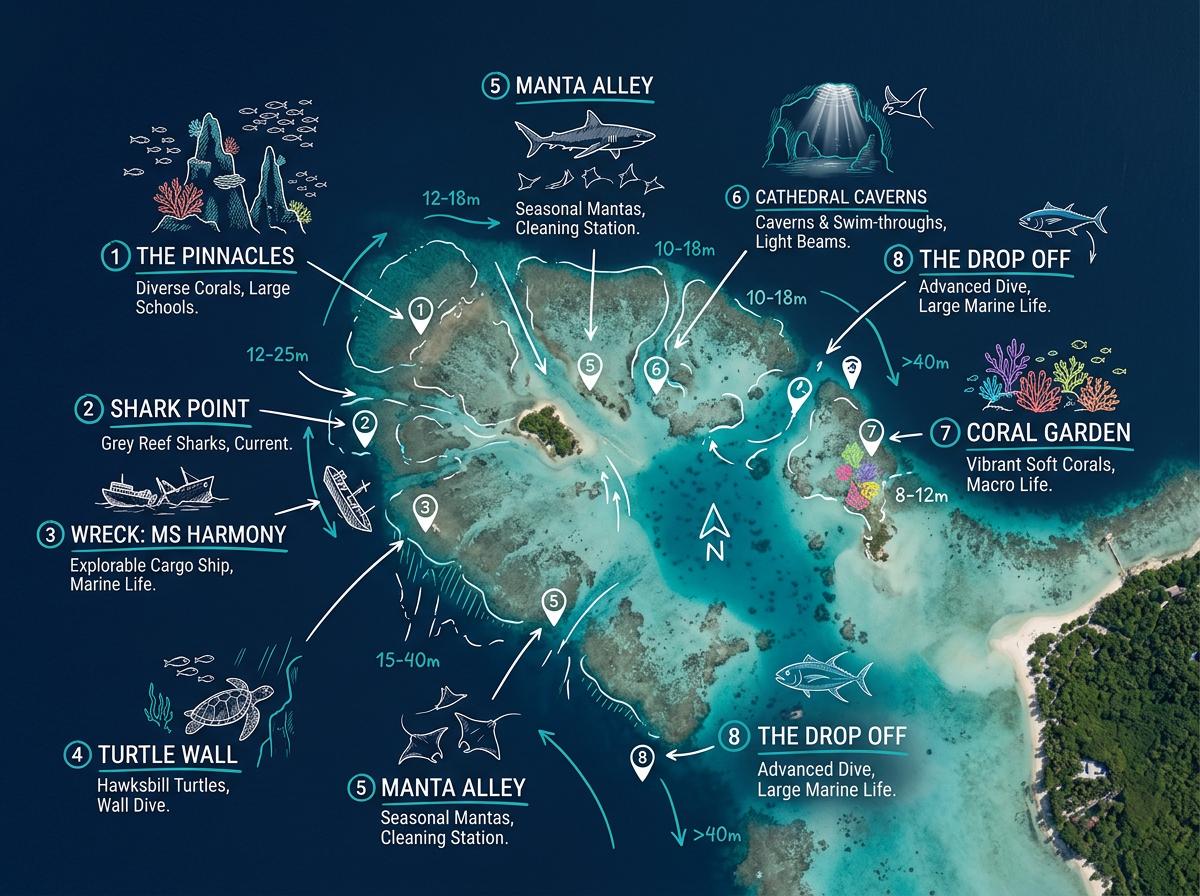 A coral reef dive site map with site markers, depth labels, and feature annotations for each location