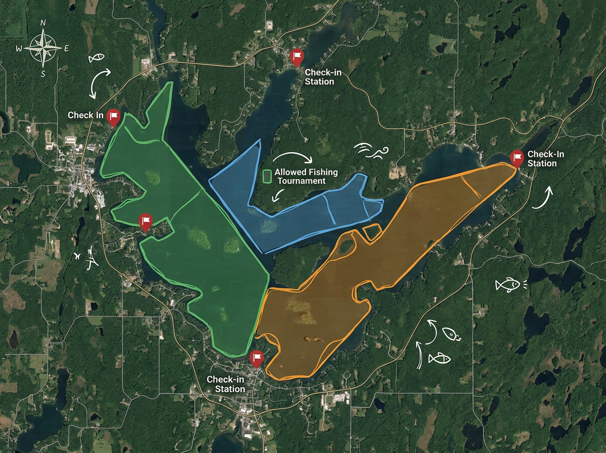 A fishing tournament map with allowed zones drawn as colored polygons and check-in stations marked