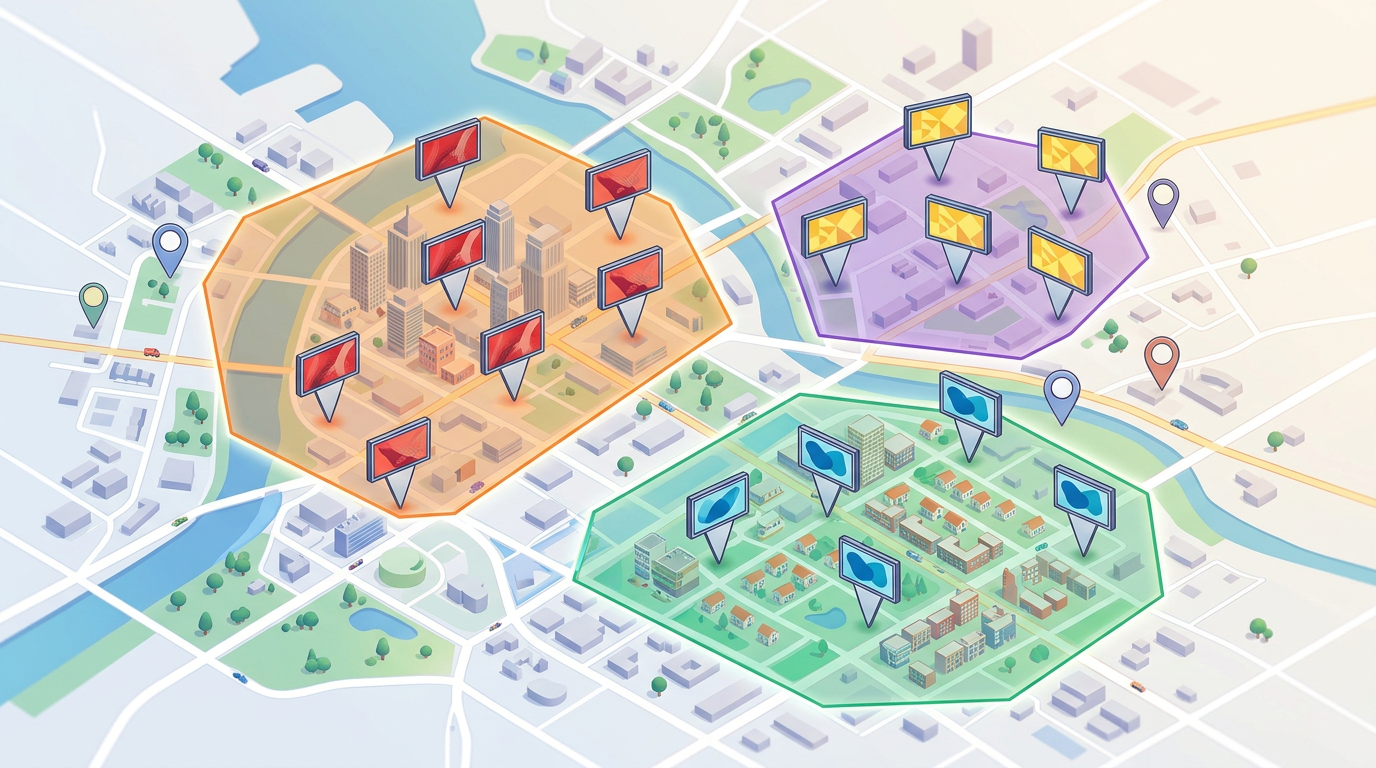 An out-of-home advertising campaign map with billboard markers, geo-targeted zone polygons, and labeled creative variants across a city