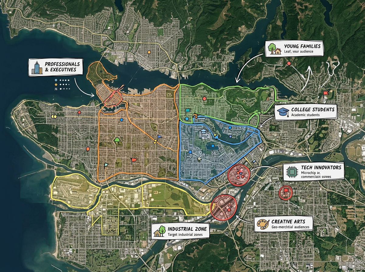 A geo-targeting campaign map with polygons drawn around target neighborhoods and audience labels