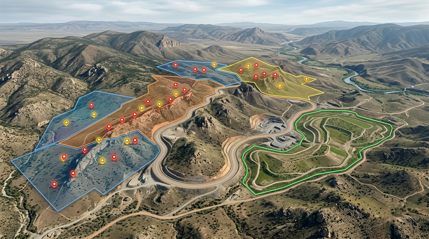 A mining claim map with claim block polygons, drill target markers, planned haul road, and a reclamation area outlined on satellite imagery