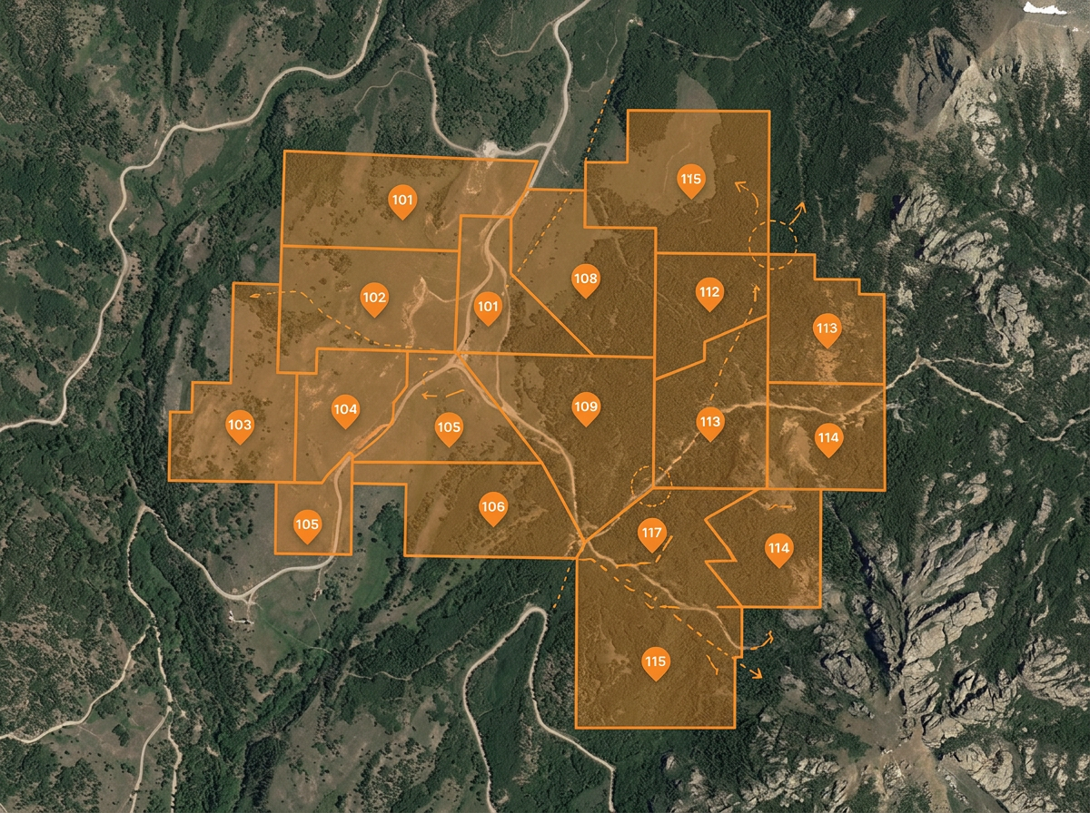A claim sketch map with multiple claim blocks drawn as polygons and labeled with claim numbers