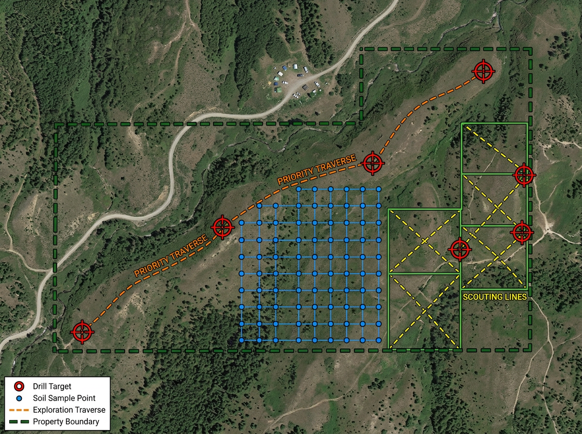 An exploration map with drill target markers, soil sample grid points, and traverse lines across a property