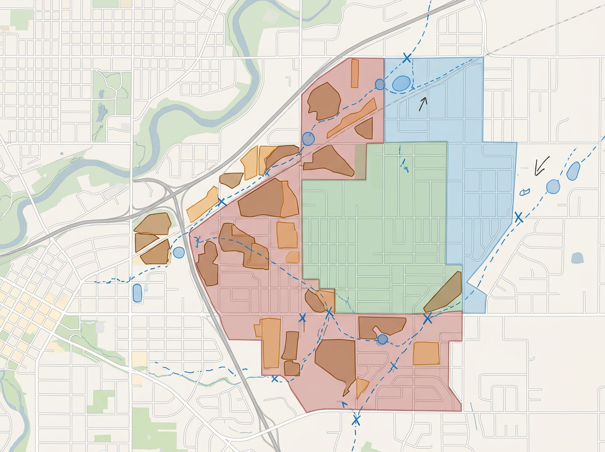 A reclamation exhibit map with disturbed area polygons, planned rehab phases color-coded, and water control features