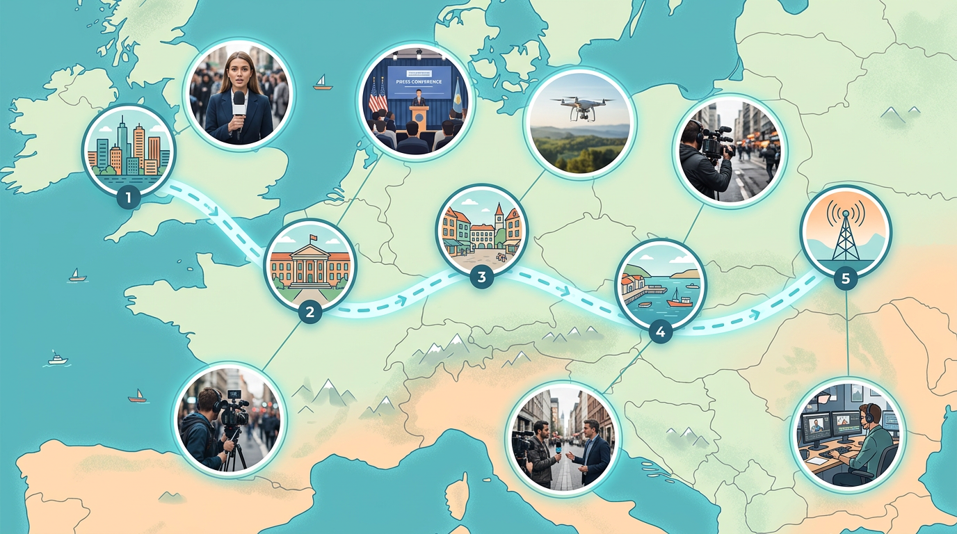 A news story map showing event locations with labeled markers, a route line, and embedded photos