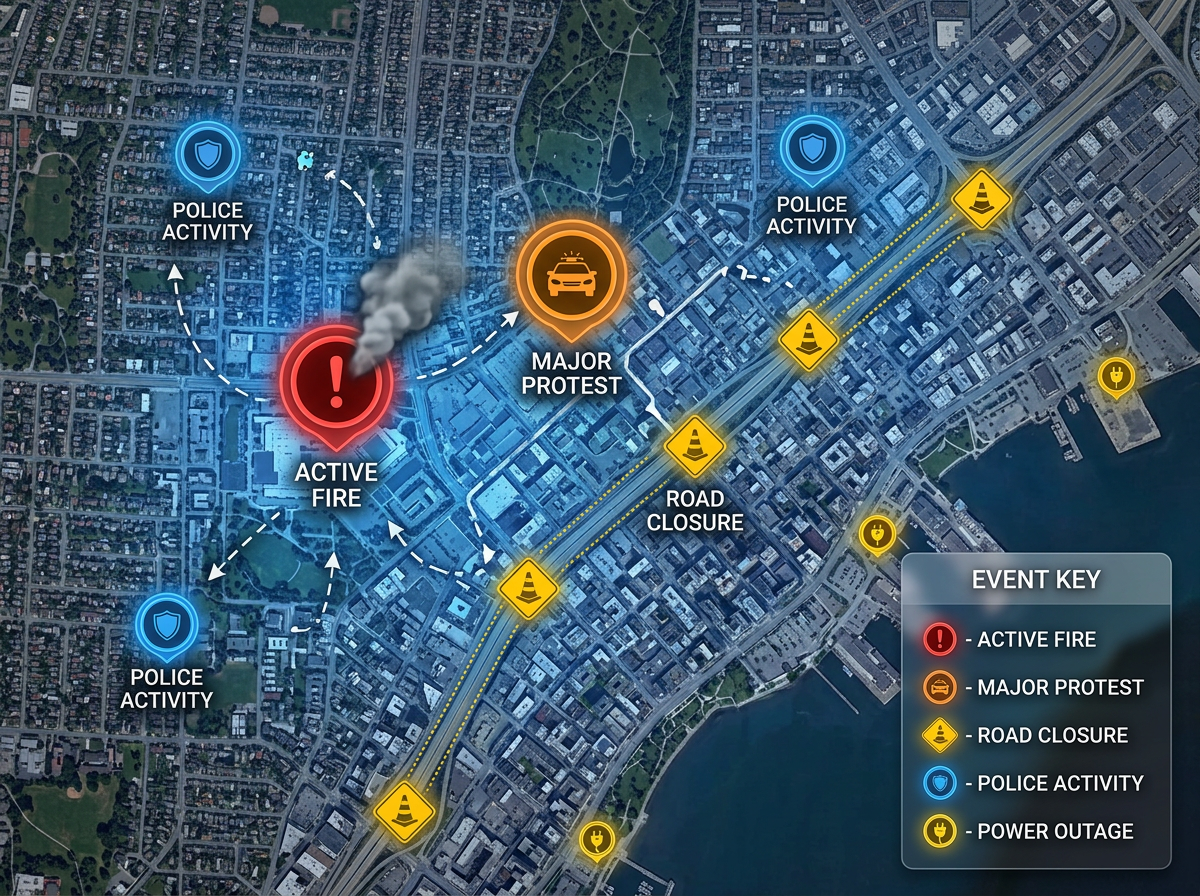 A breaking news map with multiple event markers, labels, and a legend showing different event types