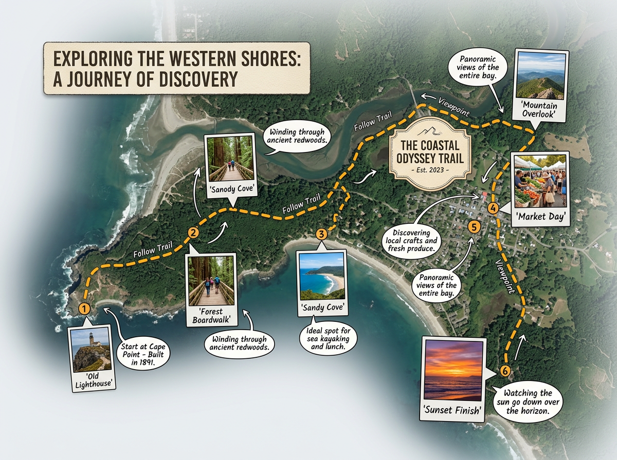 A feature story map with photo markers, a drawn route, and explanatory text boxes