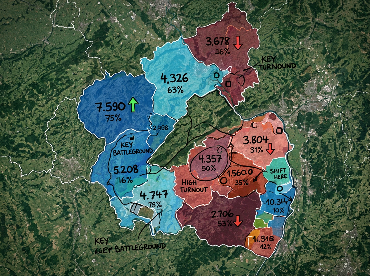 An election map with color-coded districts showing voting results by region