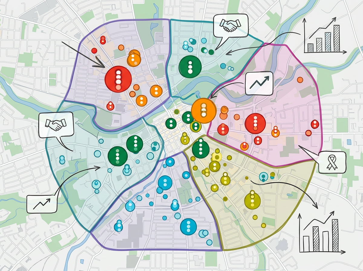A donor reach map with donor cluster markers color-coded by giving level and campaign region boundaries