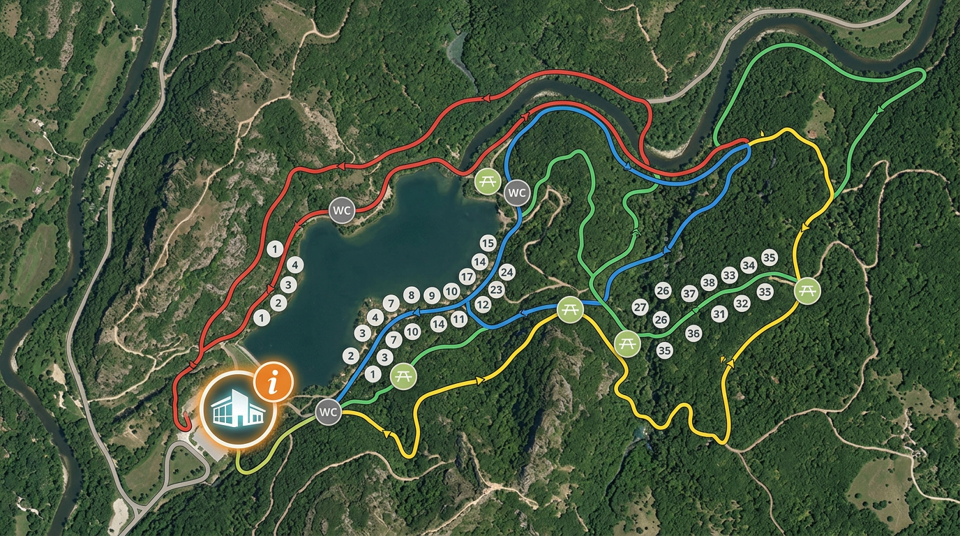 A park map with a network of color-coded trails, numbered campsite markers, restroom and picnic-area icons, and a visitor center highlighted on satellite imagery