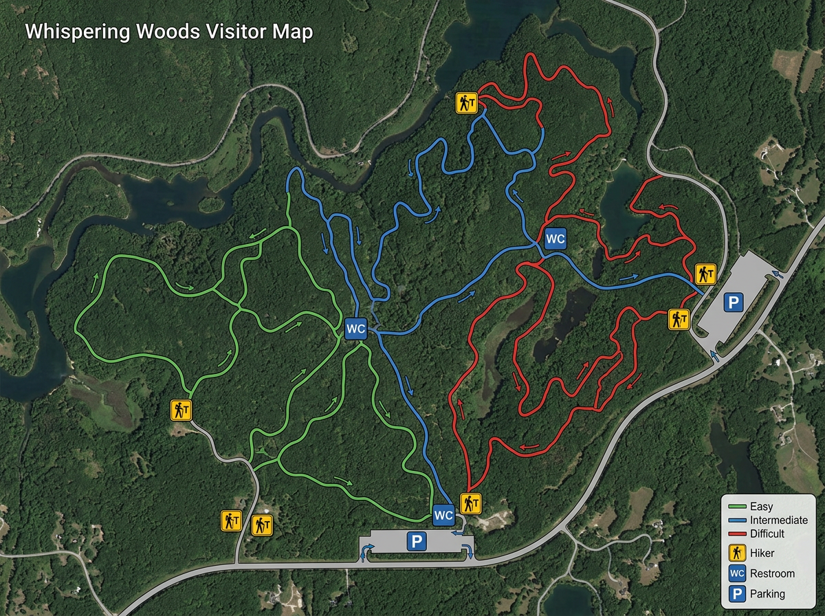 A visitor trail map with color-coded trails by difficulty, trailhead markers, restrooms, and parking lots