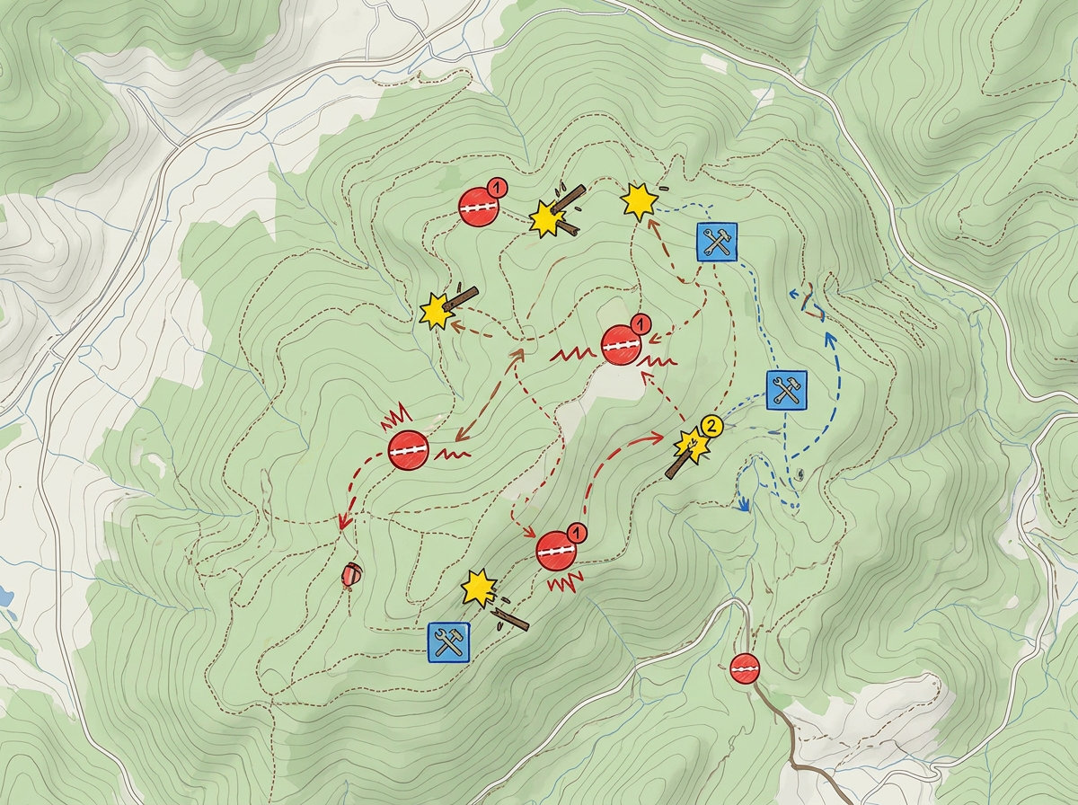 A trail maintenance map with priority markers for wash-outs, blowdowns, and repair tasks along a trail network