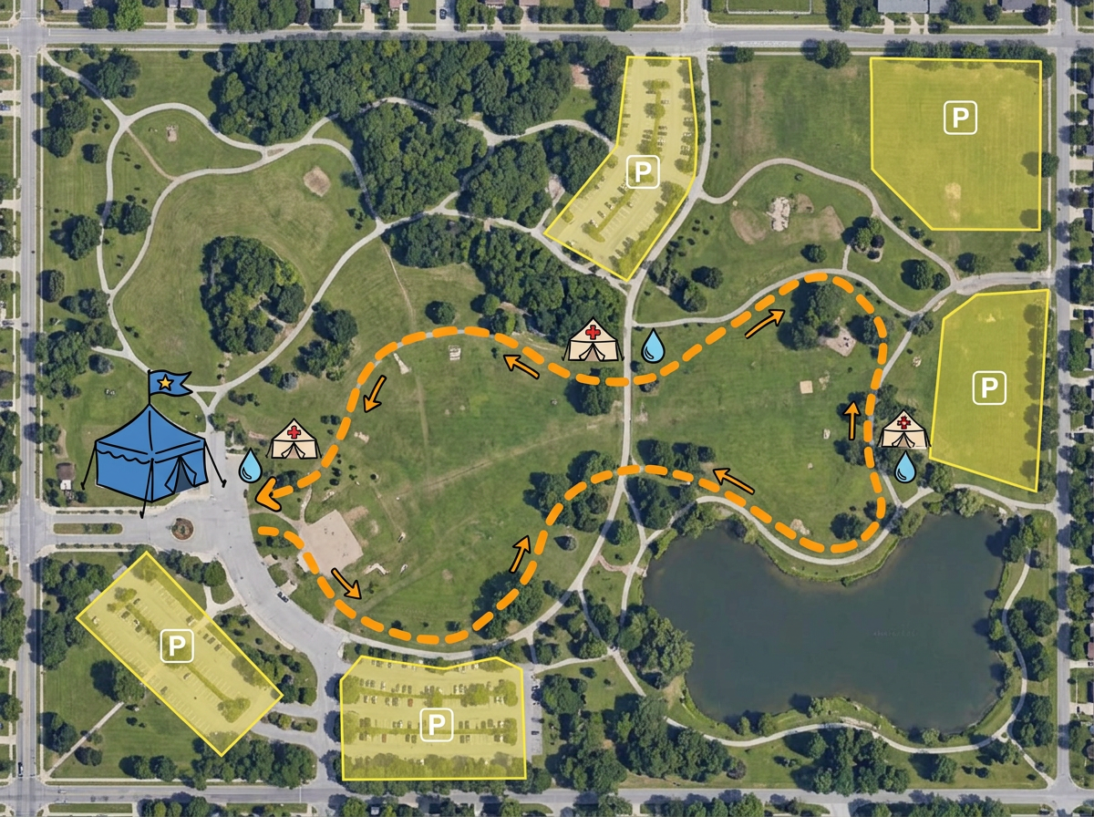 A park event footprint map with race course, aid stations, registration tent, and parking zones marked
