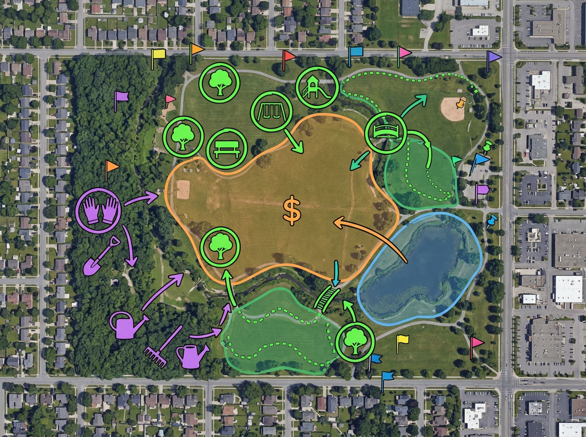A park advocacy map with proposed improvements, volunteer work day sites, and fundraising priority zones highlighted