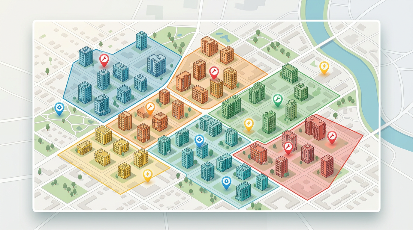 A property management portfolio map with color-coded apartment buildings, vendor service zones drawn as polygons, and pinned work-order markers