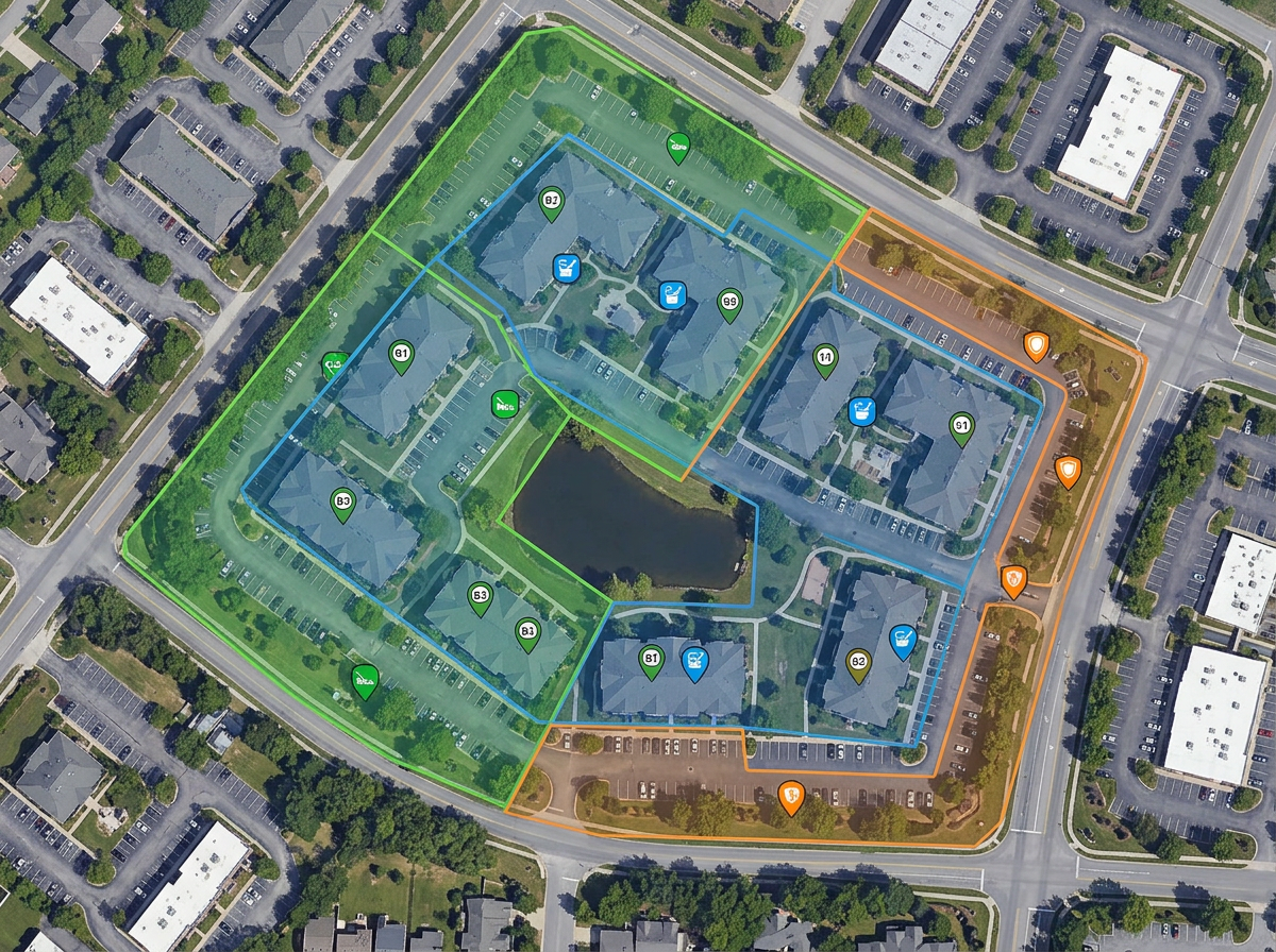 A property-management map with overlapping colored polygons showing vendor service territories around a cluster of buildings