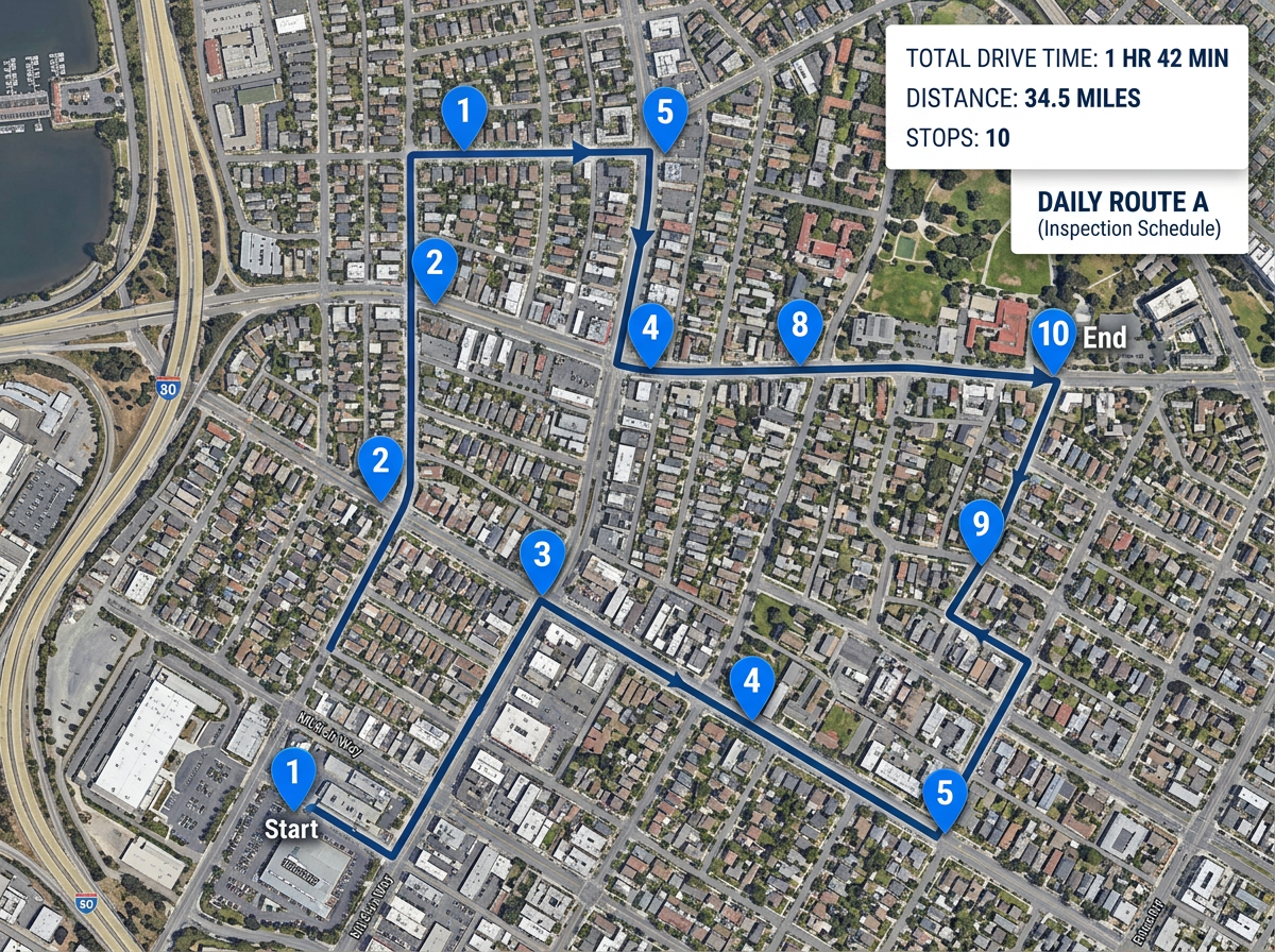 A daily inspection route map with numbered stops, an optimized driving path, and an estimated total drive time