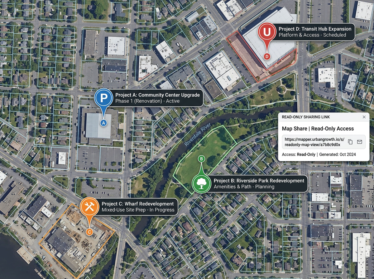 An annotated property map with capital project markers and a read-only sharing link panel