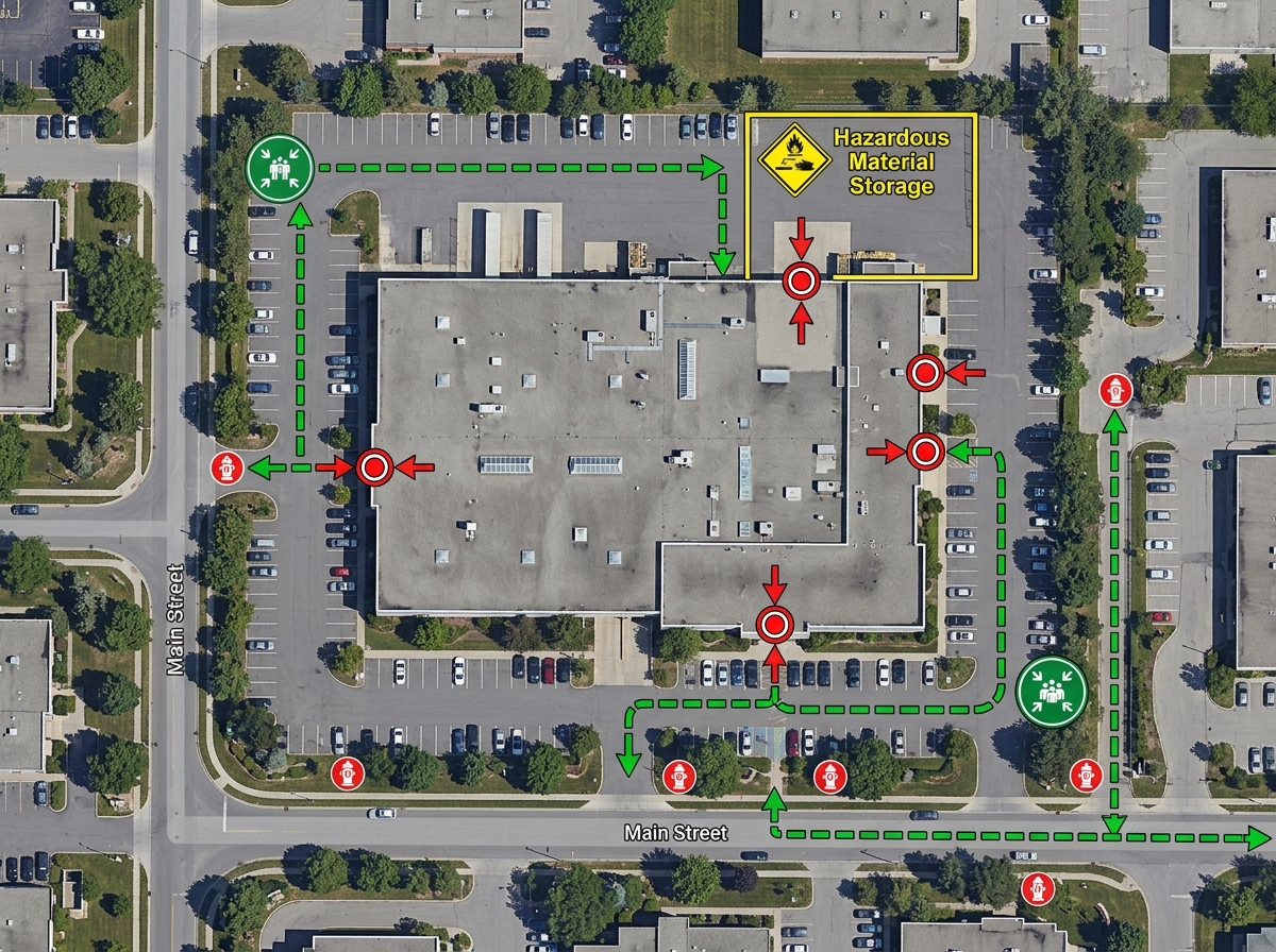 A satellite map of a commercial building with marked entry points, hydrants, hazardous material storage, and evacuation routes