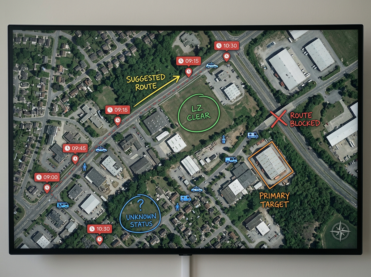 An exercise map with timed event markers, response unit positions, and freeform annotation labels