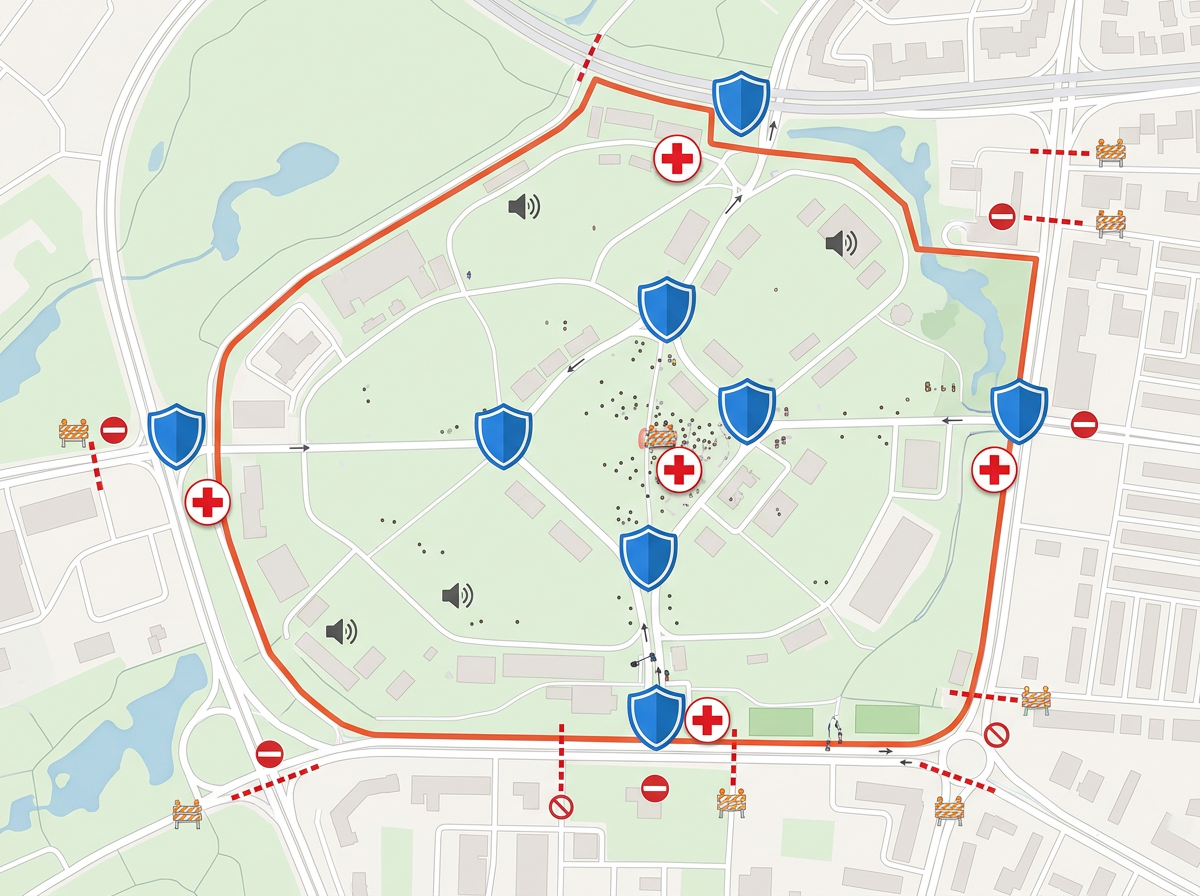 A festival security map with the perimeter, security posts, medical stations, and road closures clearly marked