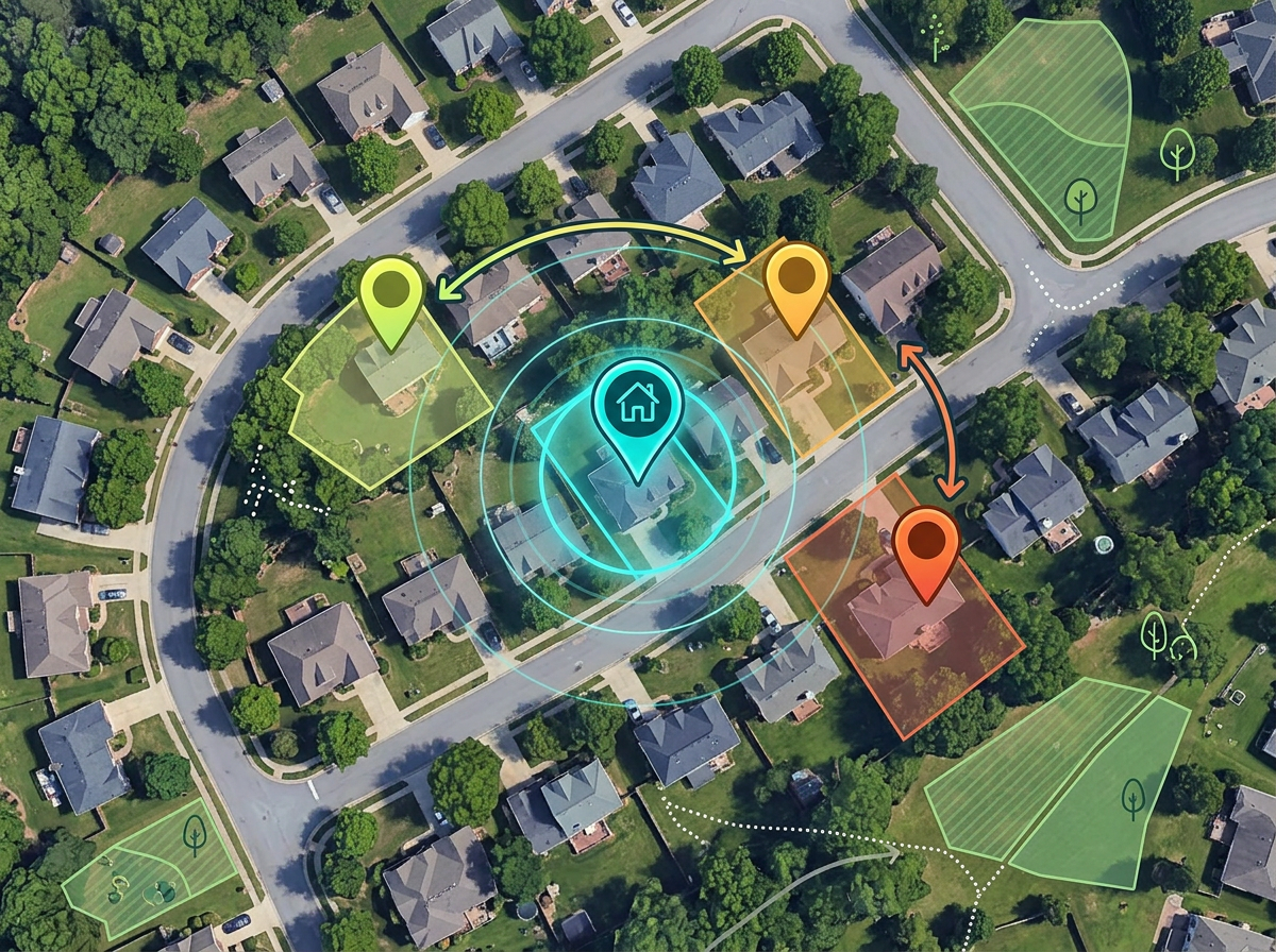 A neighborhood map with the subject property highlighted and three nearby comp listings in graduated colors