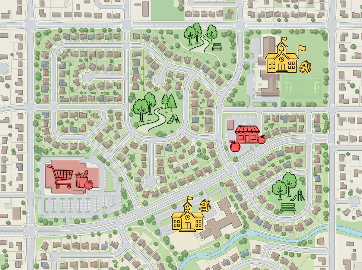 A map of a residential neighborhood with custom amenity icons for schools, parks, and grocery stores