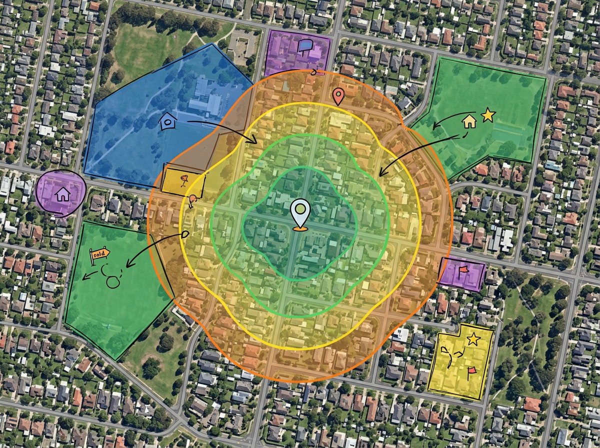 A real estate farm territory map with colored status zones and a travel-time isochrone around the agent's office