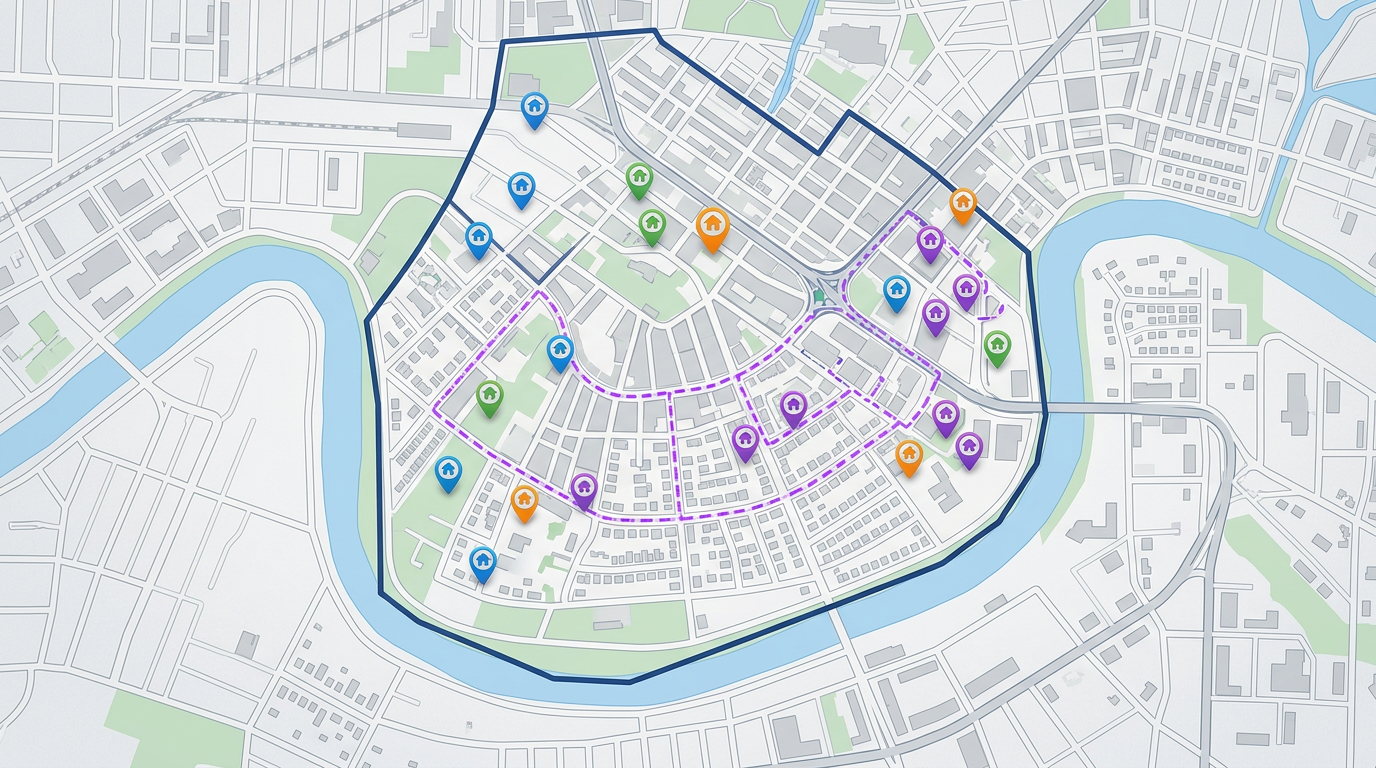A community outreach map with parish boundary polygon, small group home markers color-coded by group, and an outreach route drawn around a neighborhood
