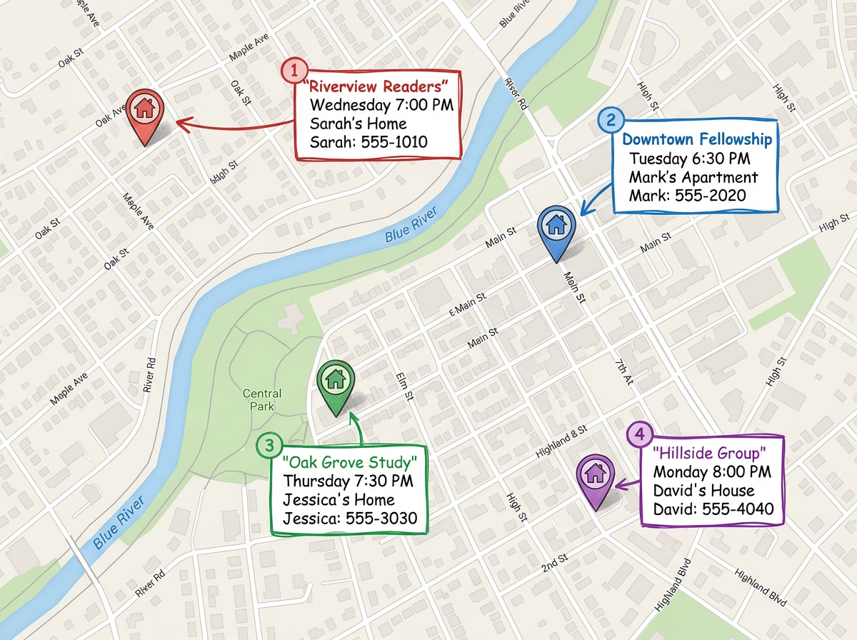 A small group map with color-coded home markers showing meeting times, group names, and contact info