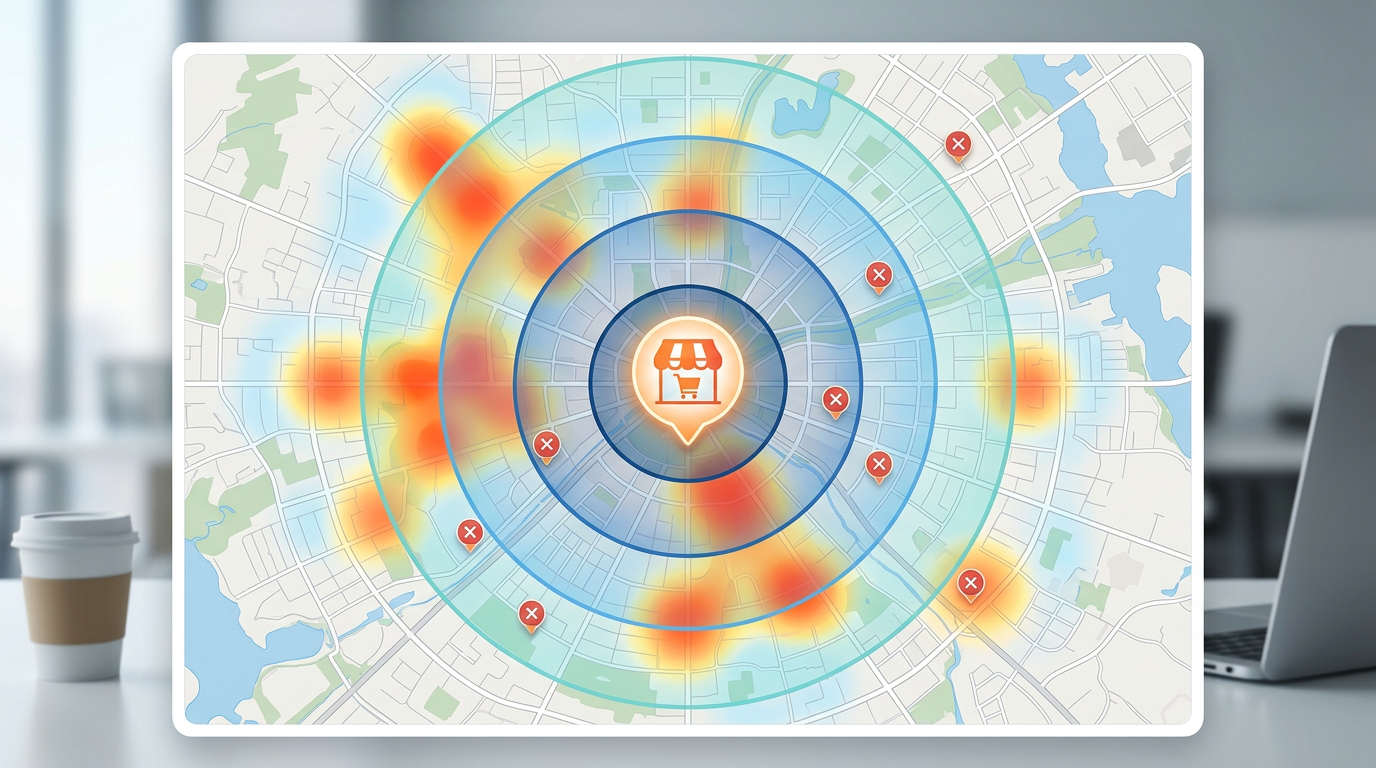 A retail trade area map with a store location, color-coded delivery radius rings, competitor markers, and a customer density overlay