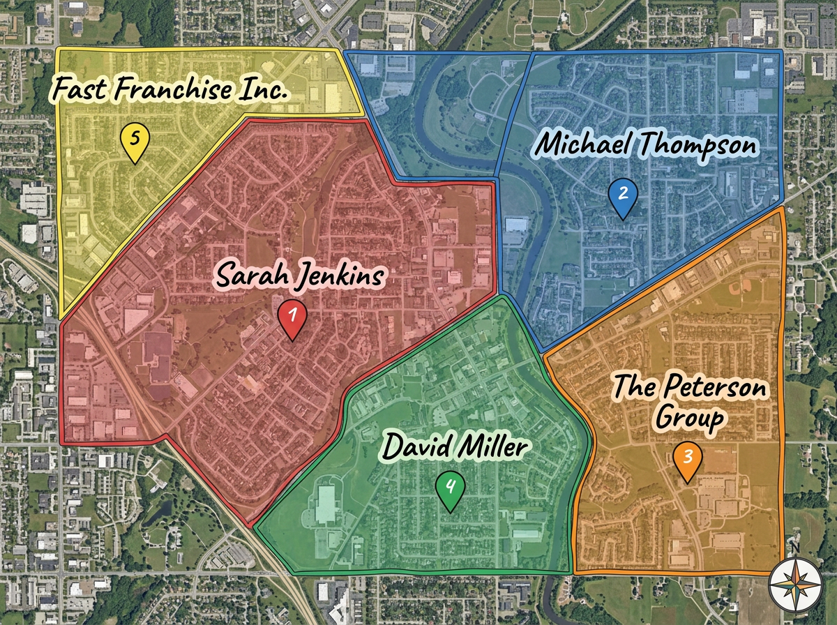 A franchise territory map with territories color-coded by franchisee and labeled with names