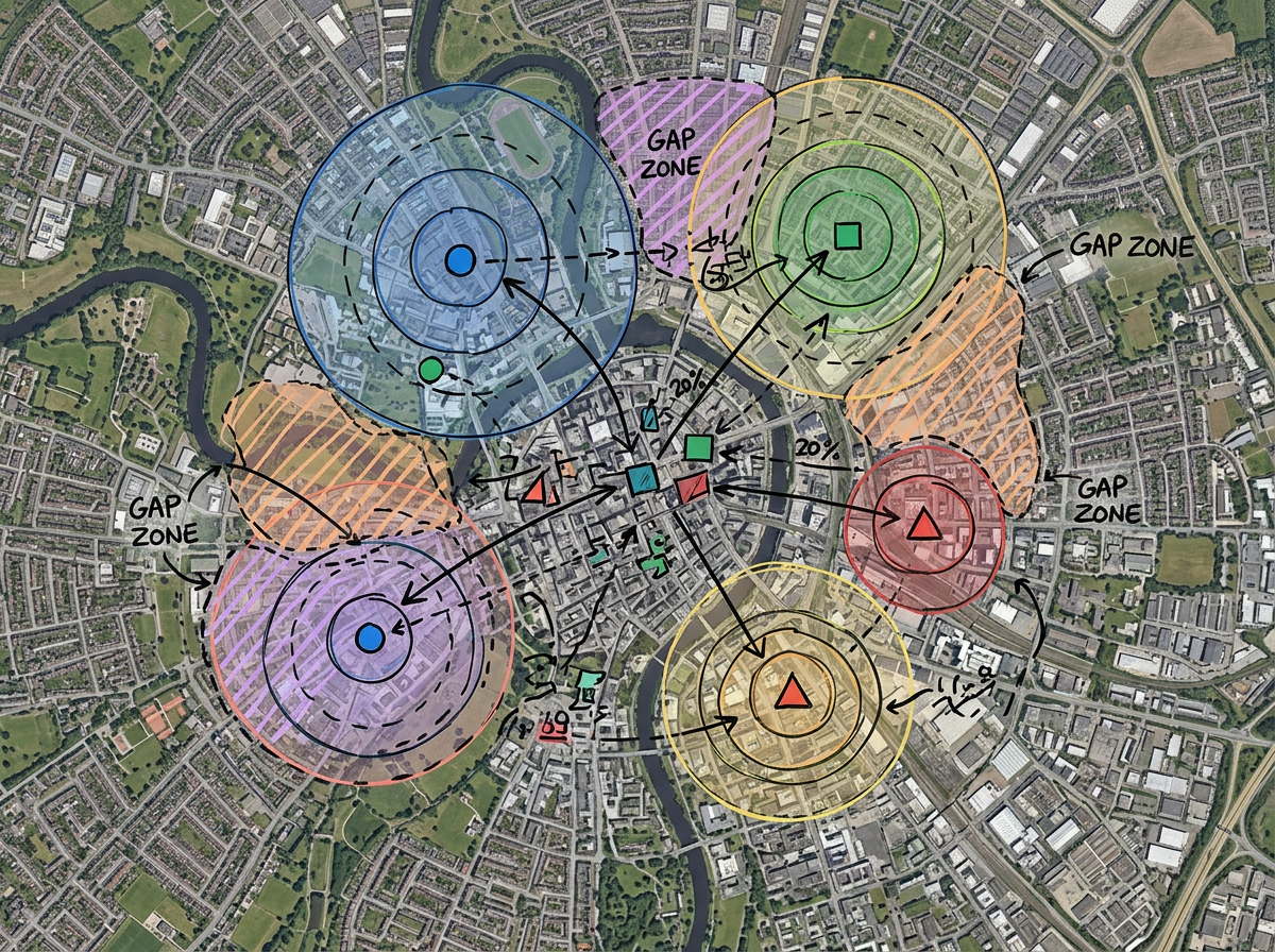 A competitor analysis map with competitor markers, share rings, and labeled gap zones