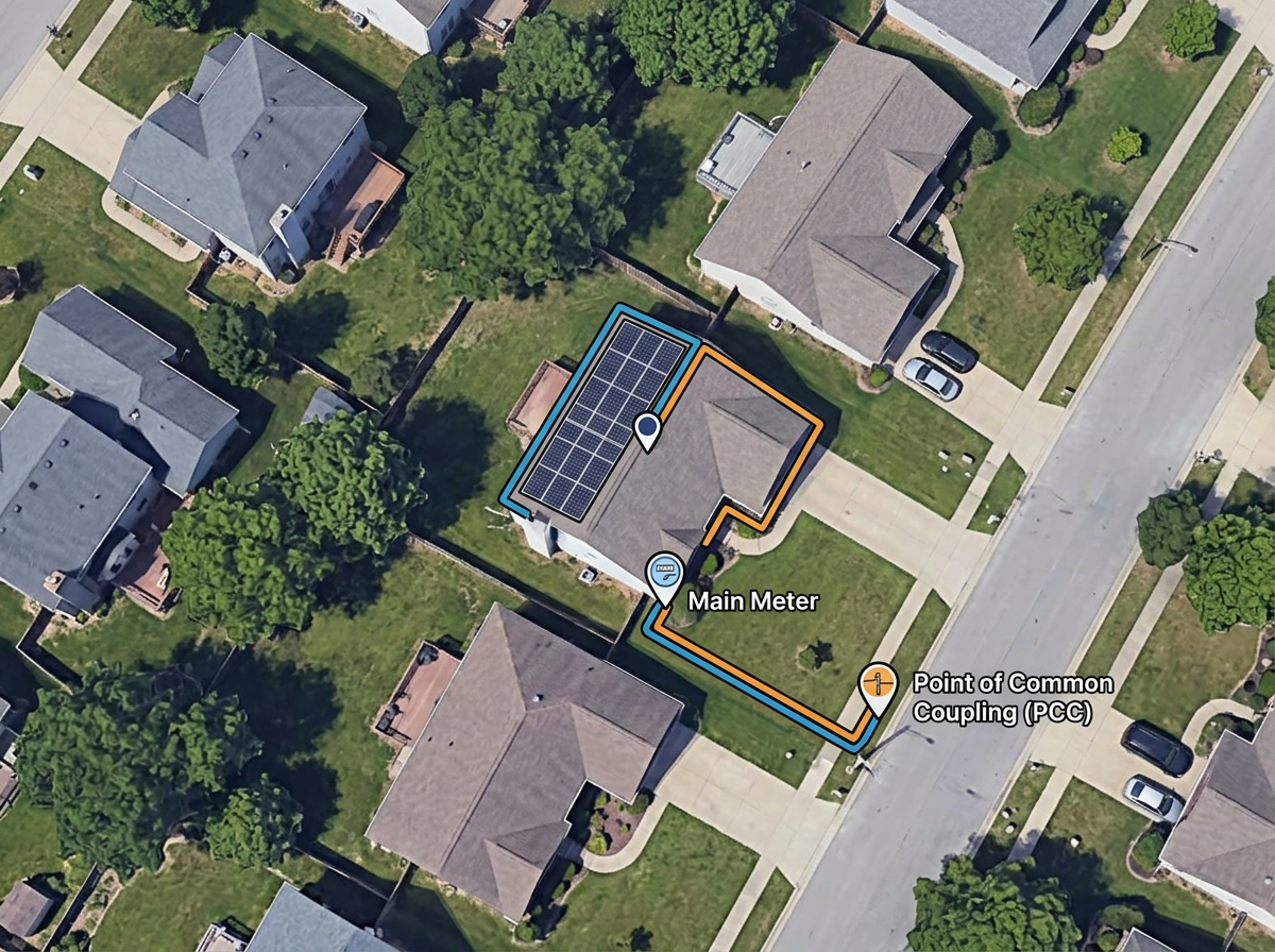 An interconnection path diagram from a rooftop array, along the wall, to the main meter and point of common coupling