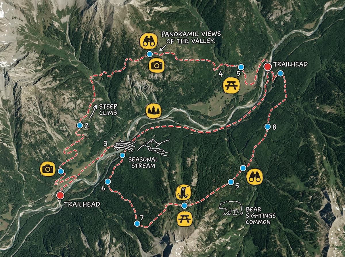 A hiking trail map with the trail line, waypoints, scenic stops, and notes for a day hike