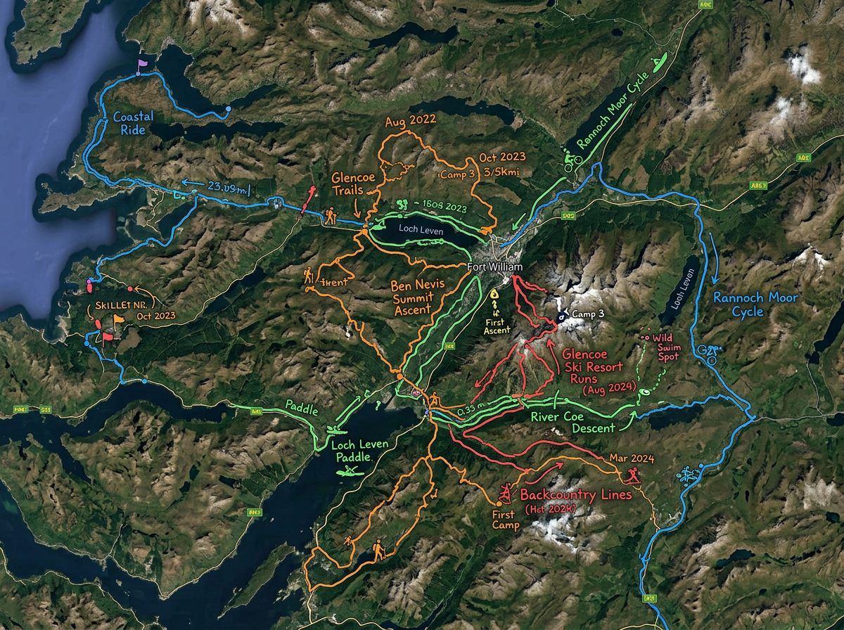 A personal adventure log map with multiple historical route lines color-coded by activity type across a region