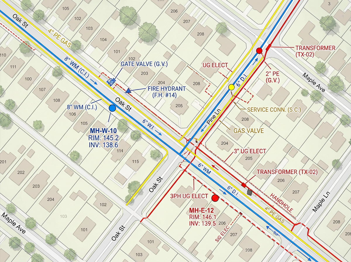 A utility red-line map with water, gas, and electric lines drawn in contrasting colors and manhole markers labeled