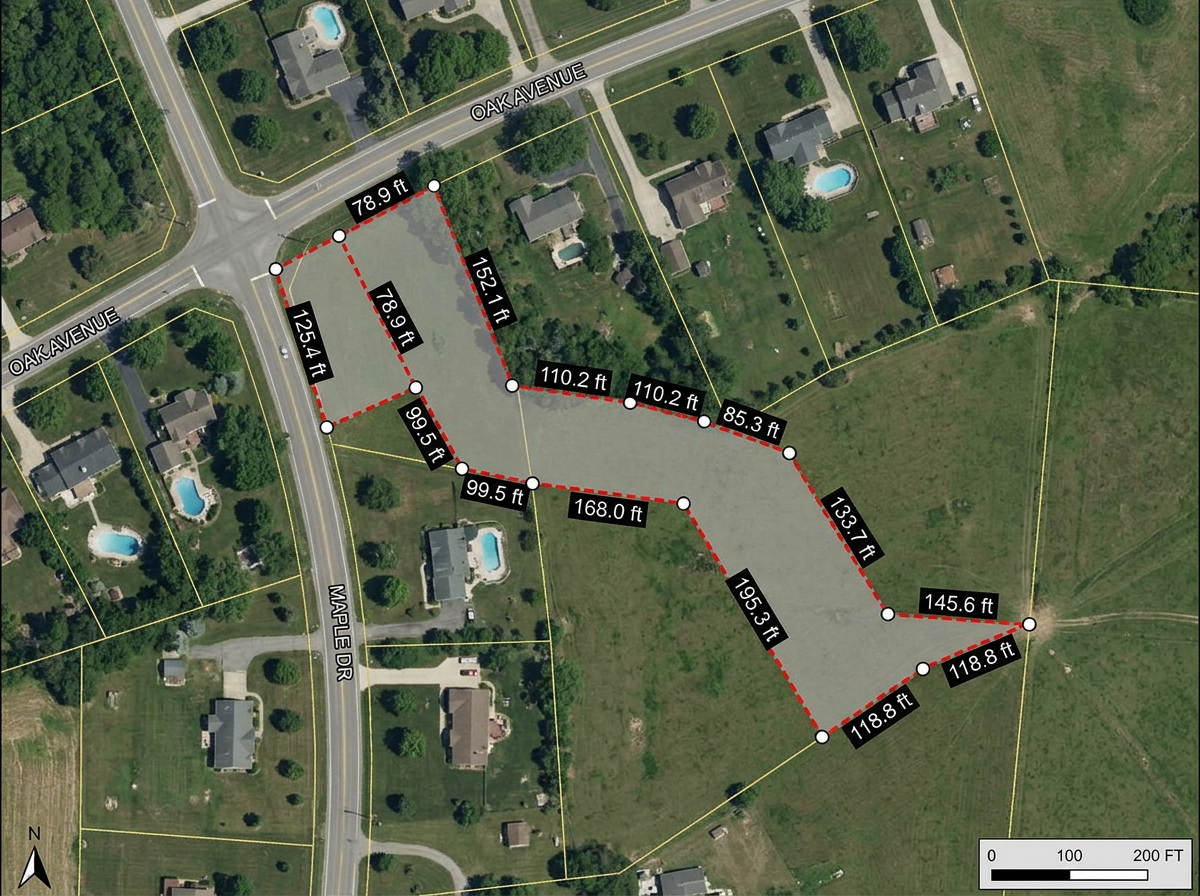 A right-of-way exhibit map with easement corridor drawn as a polygon and labeled distances along each segment