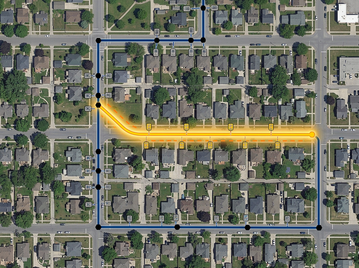 A fiber route map drawn along streets with splice points, pedestals, and a planned build segment highlighted