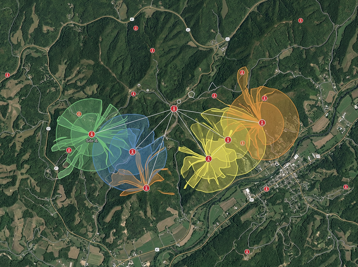 A tower siting map with candidate locations, line-of-sight buffer rings, and terrain shaded base map