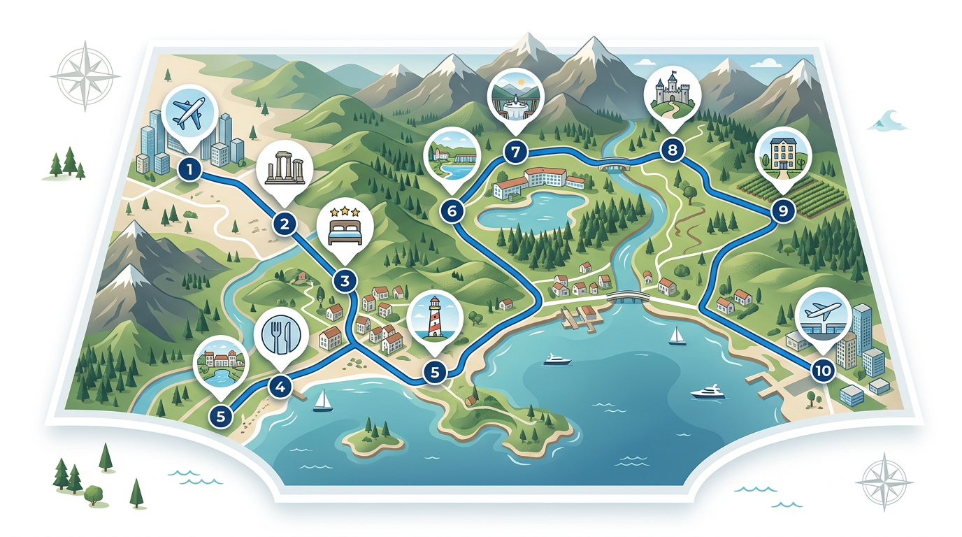 A multi-day tour itinerary map with a route line connecting numbered stops at landmarks, hotels, and restaurants across a region