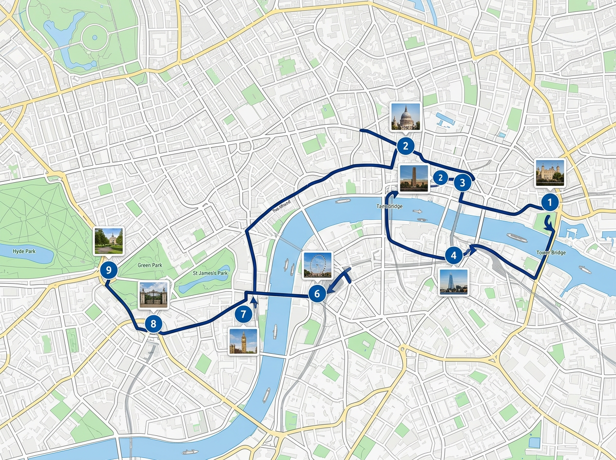 A tour route map with numbered stops, photo markers, and a connecting route line across a city