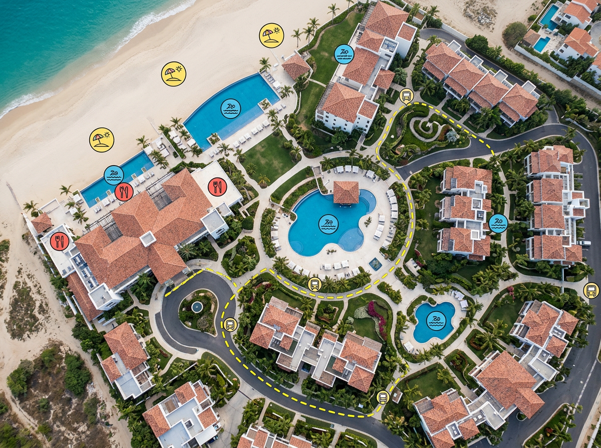 A resort property map with pools, restaurants, beaches, and shuttle paths labeled on satellite imagery