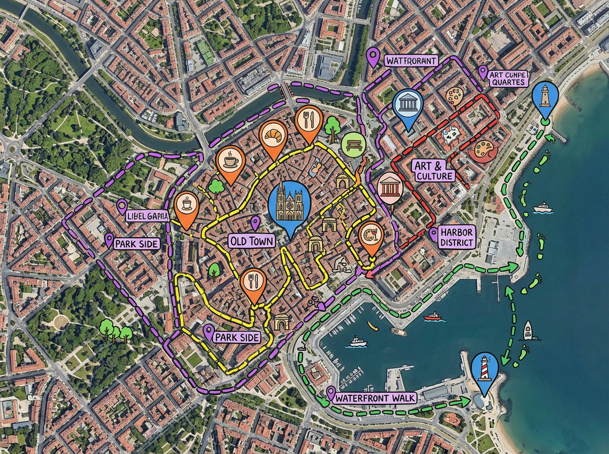 A destination guide map with attractions, restaurants, neighborhoods, and recommended walking routes