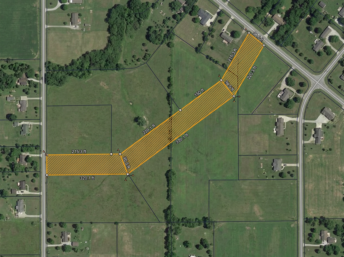 An easement exhibit map with the corridor drawn as a polygon, distances along each segment labeled, and parcel boundaries shown