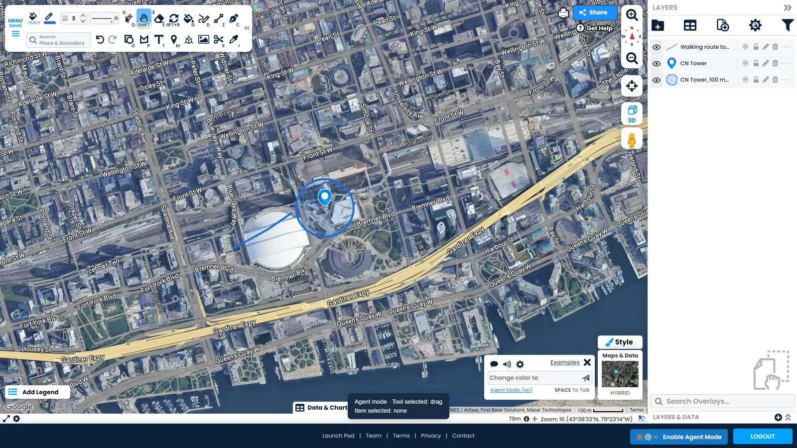 The ScribbleMaps editor after an AI agent drew a circle, a marker and a route, each one named in the layer list